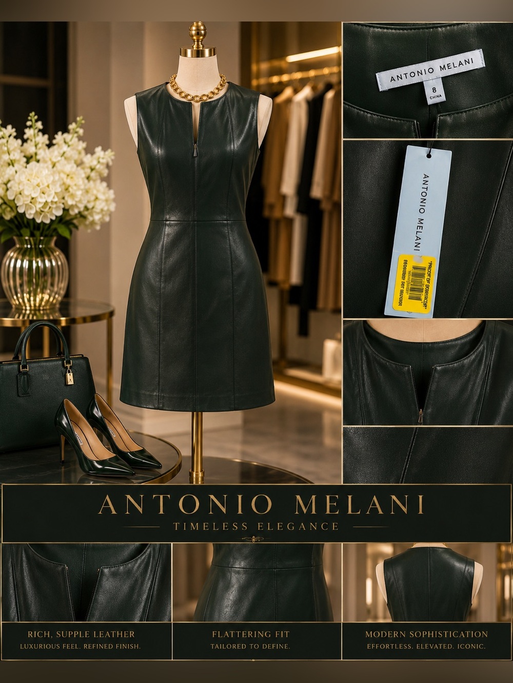 ANTONIO MELANI Forest Green Leather Sleeveless Sheath Dress